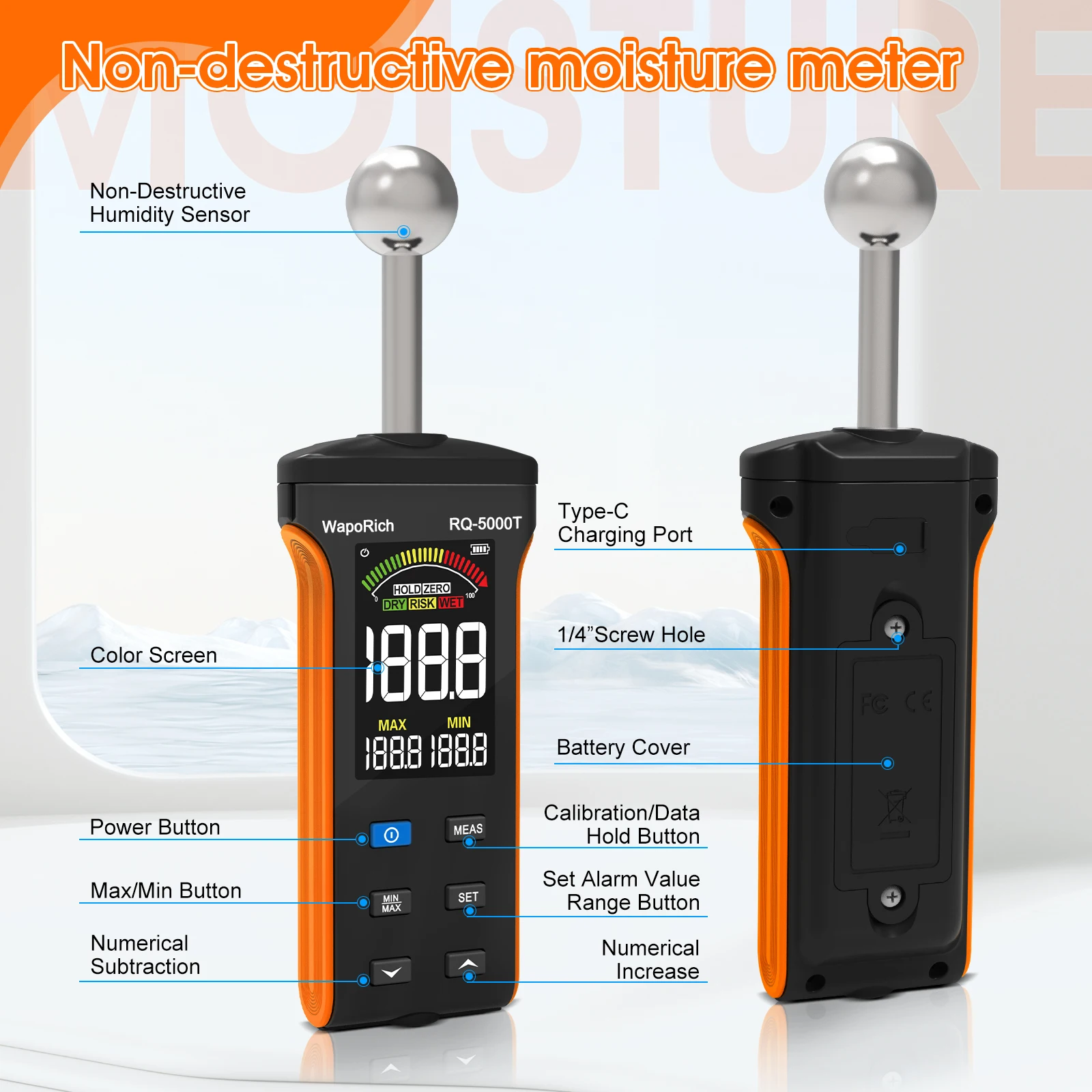 مقياس رطوبة الخشب، مقياس رطوبة بدون دبابيس للخشب، مستشعر رطوبة الحائط غير المتصل، جهاز اختبار الرطوبة الرقمي مع إنذار مسموع