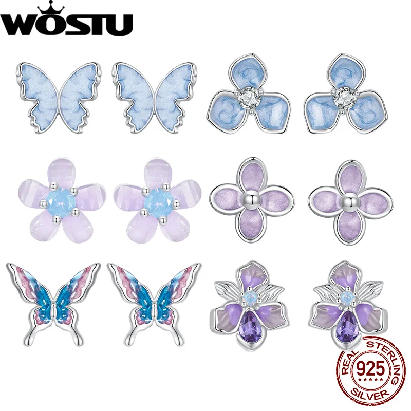 WOSTU 925 Sterling Silver Lilac Flower Earrings Purple Flower Iris Dragonfly Small Ear Studs for Women Girl Fine Jewelry Gift