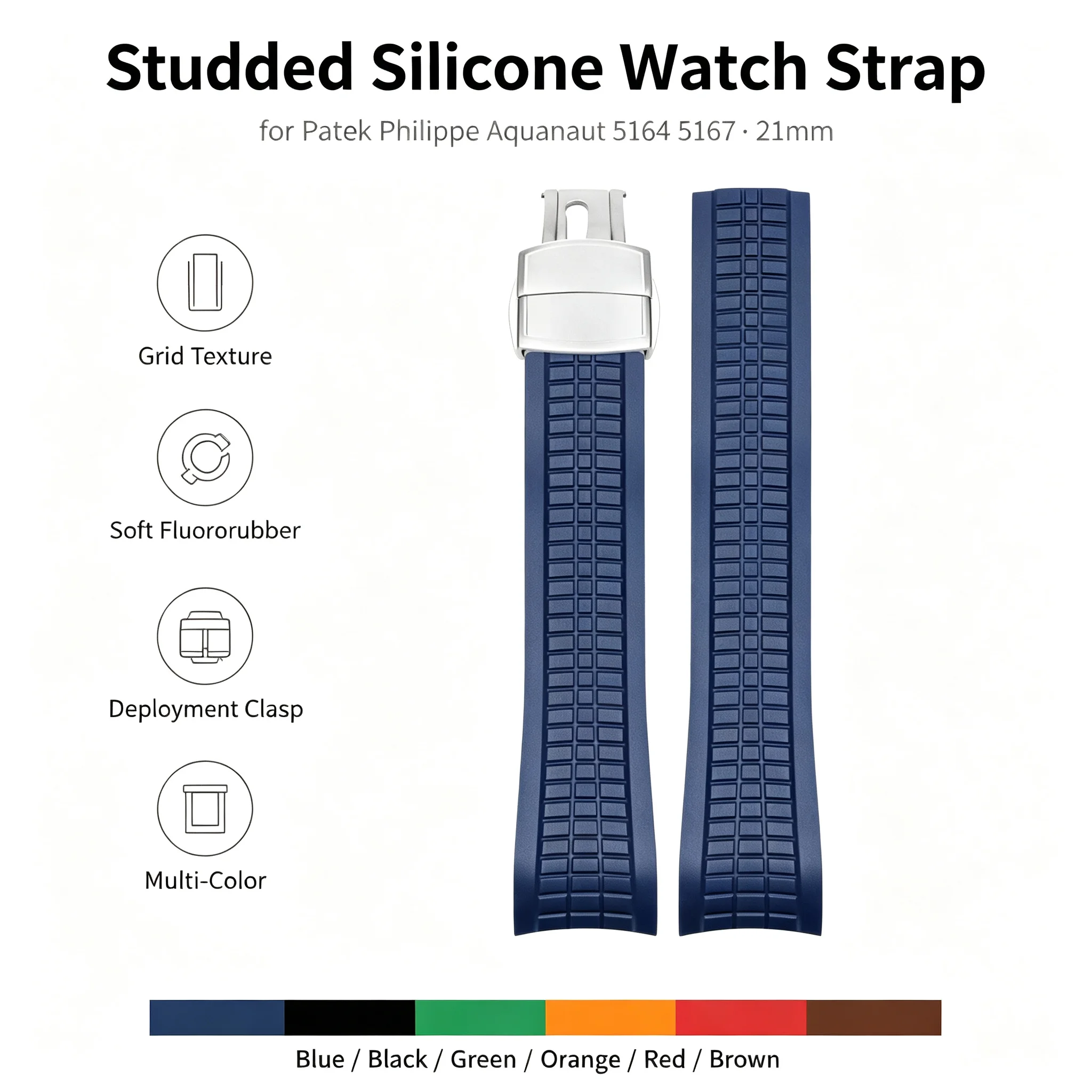 21mm Black Studded Silicone Sports Strap for Patek Philippe Aquanaut 5164 5167 Men Watch Replacement Accessories
