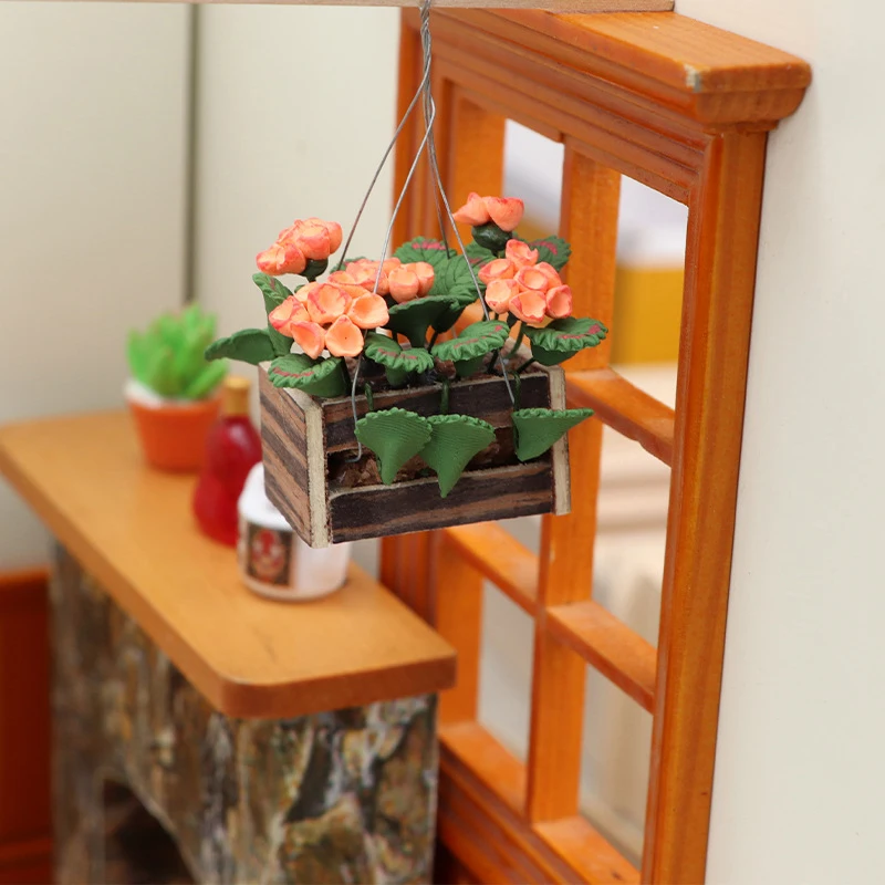 Cesta colgante en miniatura para casa de muñecas, planta en maceta, Mini maceta de hortensia, modelo de decoración de jardín, juguete, accesorios para casa de muñecas, 1:12