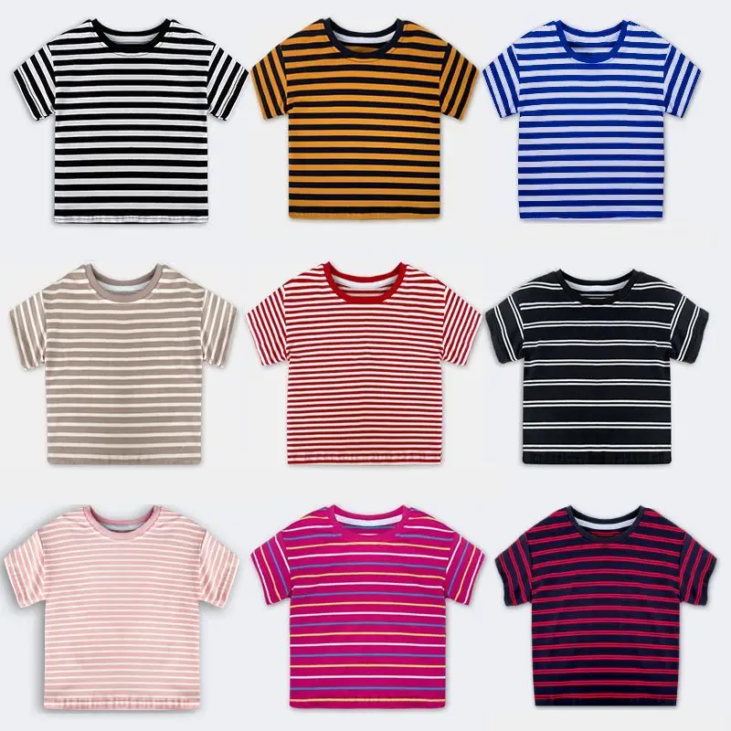 

Children's Summer Cotton Stripe Short Sleeve T-shirt New Round Neck Ribbed Boys and Girls' Half Sleeve Top