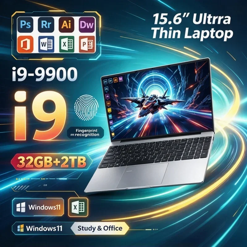 Portable Lightweight 15.6'' Inch Laptop PC Intel Core I9-9900 32GB RAM 1TB 2TB SSD Windows11 Fingerprint Unlock Gaming Notebook