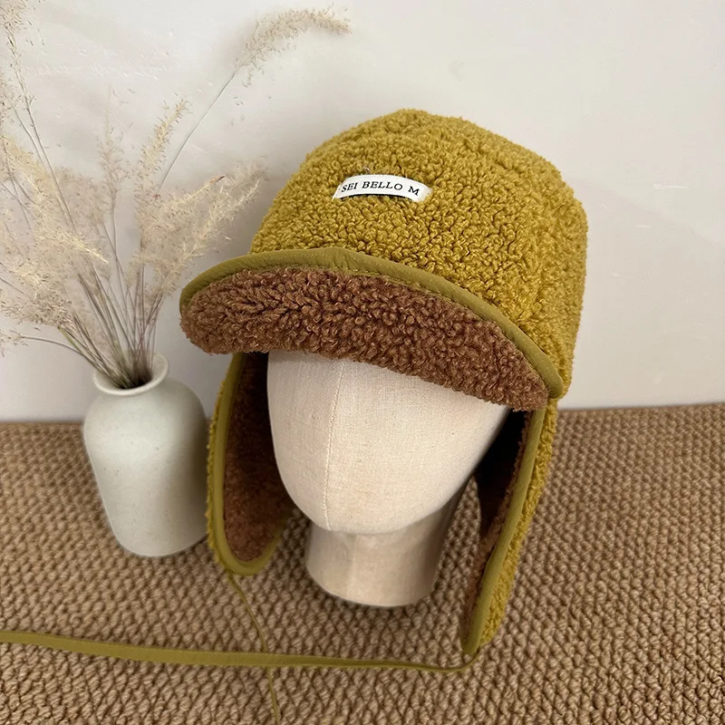 Koreanische Damen-Trapper-Mütze aus Kunstlammfell, warme Bomber-Mütze mit Ohrenklappen, winddicht, wendbarer Schirm, Wintermütze für kaltes Wetter, Outdoor-Mütze – Detail 3