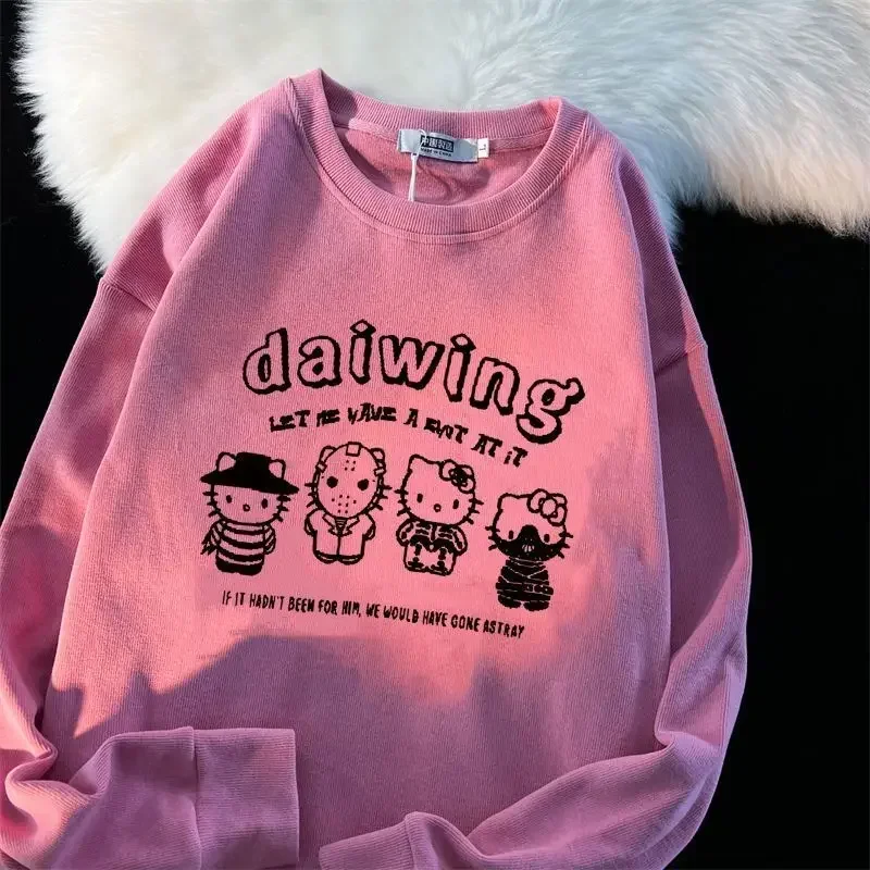 Japonês kawaii meninas jumper olá kitty o-pescoço camisola feminina nova primavera outono solto harajuku topos kpop goth branco pullovers