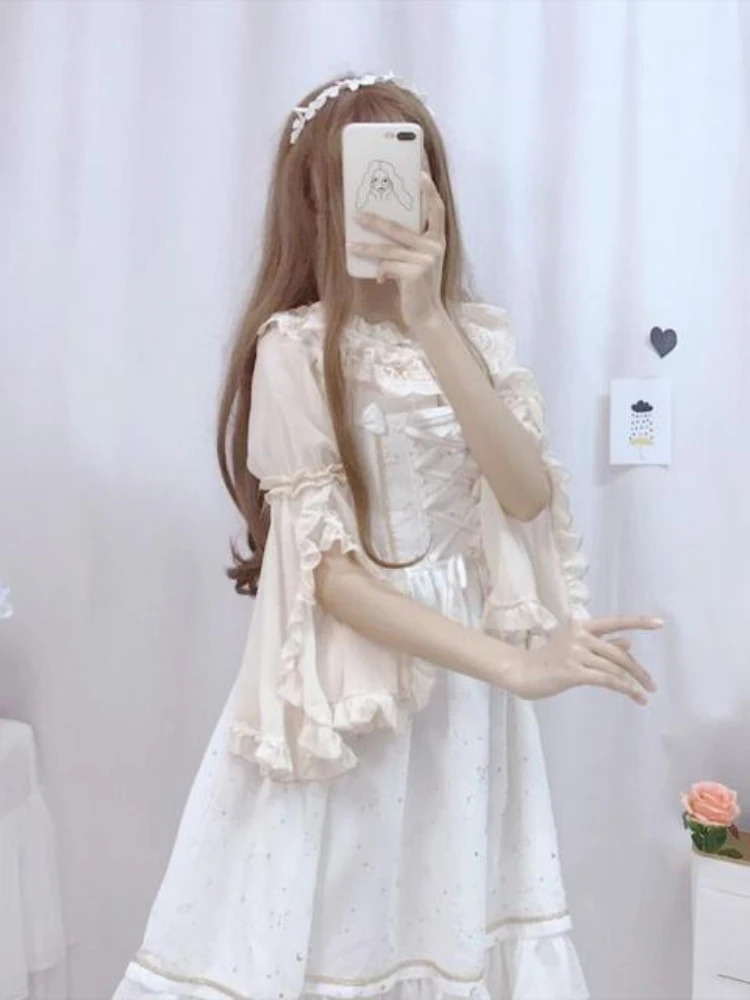 KOSAHIKI Kawaii Lace Shirt Lolita Blouses Women Split Flare Sleeve 2024 Japanese Chiffon Blusas Preppy Style Cosplay Cute Tops