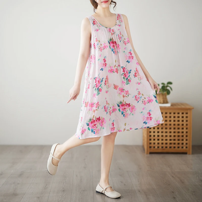Gaun Midi Katun Linen Motif Cetak Ukuran Besar Model A-Line Longgar untuk Wanita, Cocok untuk Kerja dan Santai