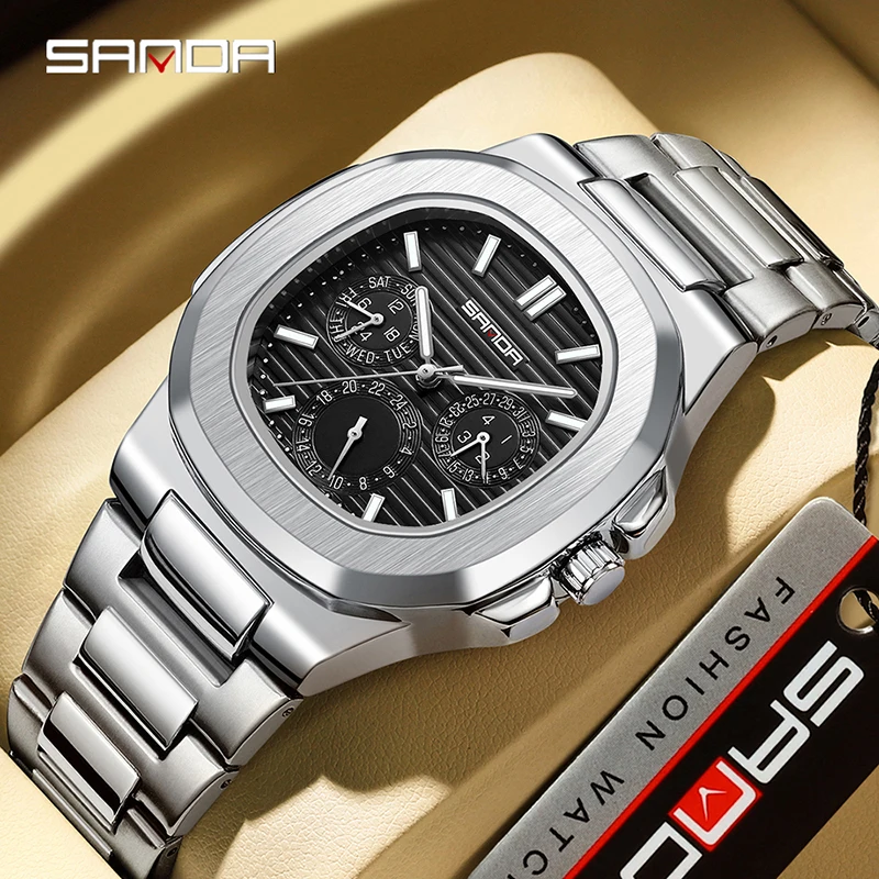 Sanda 7053 Luxury Business Waterproof Male Business Clock Luminous Date Full Stainless Steel Square Quartz Reloj Hombre Watches