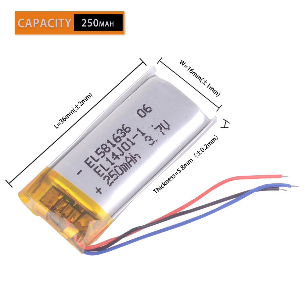 3lines 581636 3.7V 250mAh Rechargeable Lithium Li-ion Li Polymer Battery For Sex Papagou260 318 360 760 P1W H20 video recorder