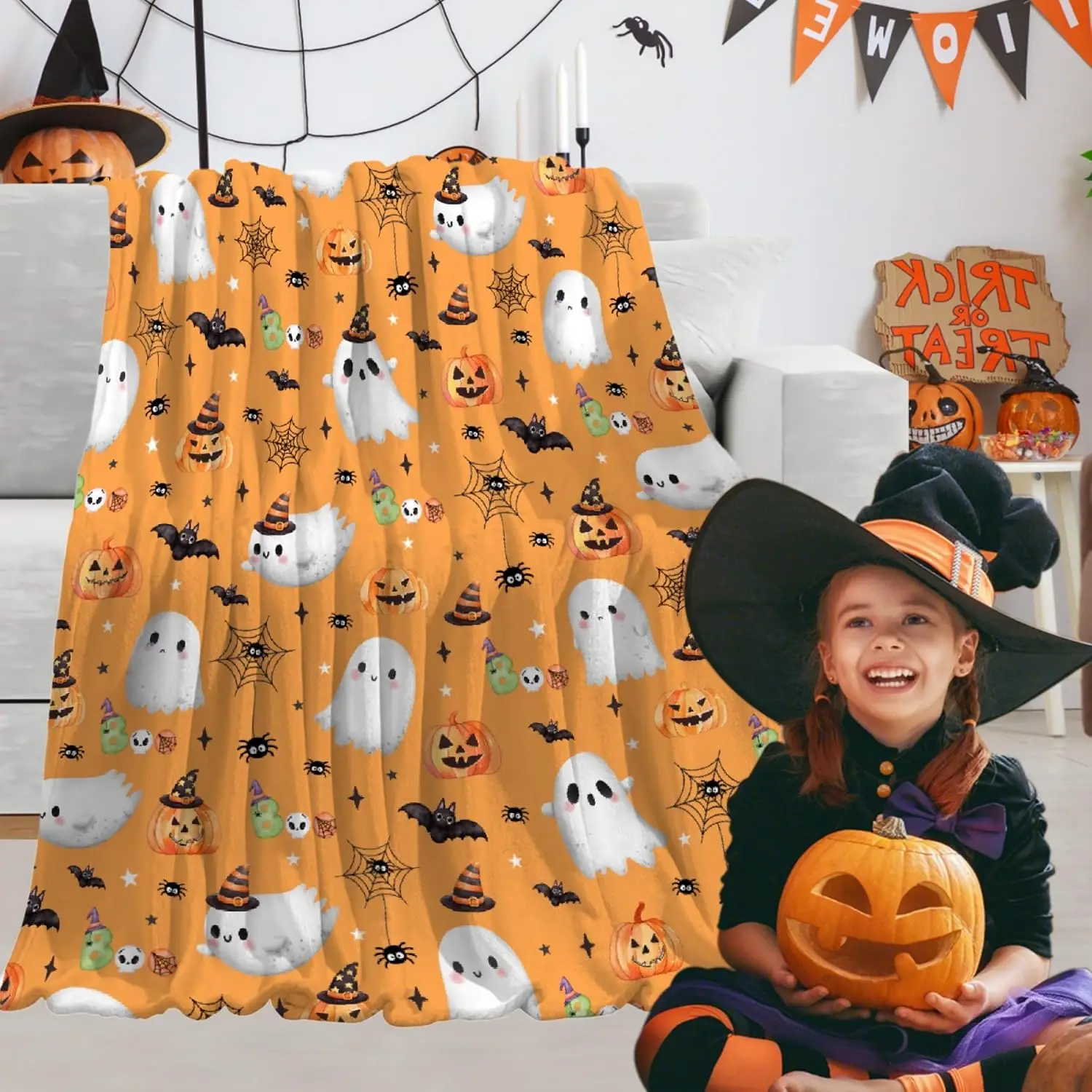 Halloween Decor Throw Blanket - Super Soft Flannel Pumpkin Blanket for Boys & Girls, Cute Ghost Design, Perfect for Couch, Sofa, Bed & Living Rooms - 30