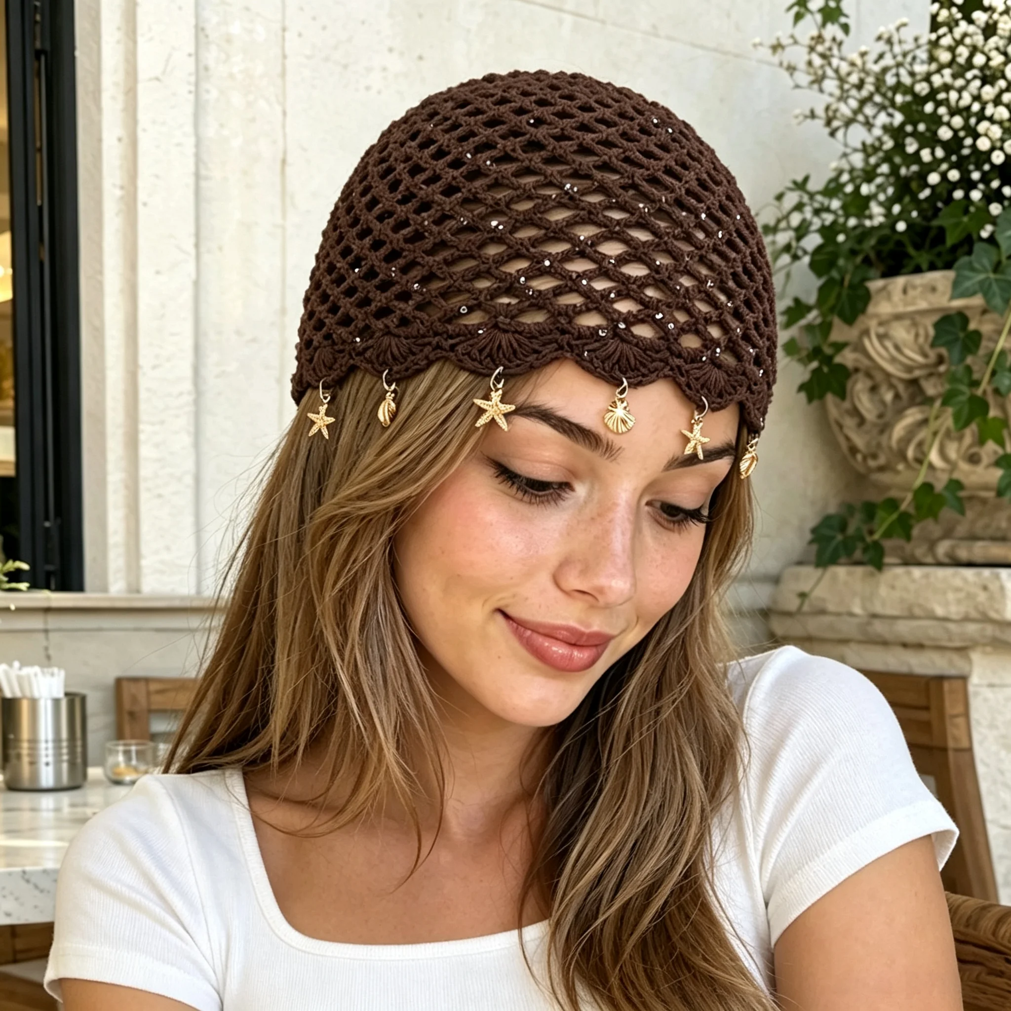 New Sequin Crochet Hat Women's Shell Tassel Knitted Hat Korean Star Beanie Hollow Pullover hat Mesh Turban Hat Beach Skull Hat