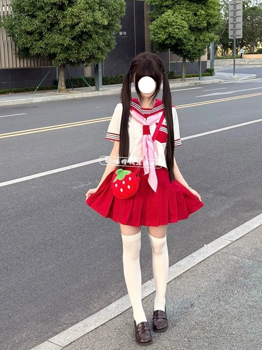 Original JK Uniform Red Sailor Suit Short Skirt Short Sleeve Basic Set Cute School Uniform Fashionable Student Work Outfit
