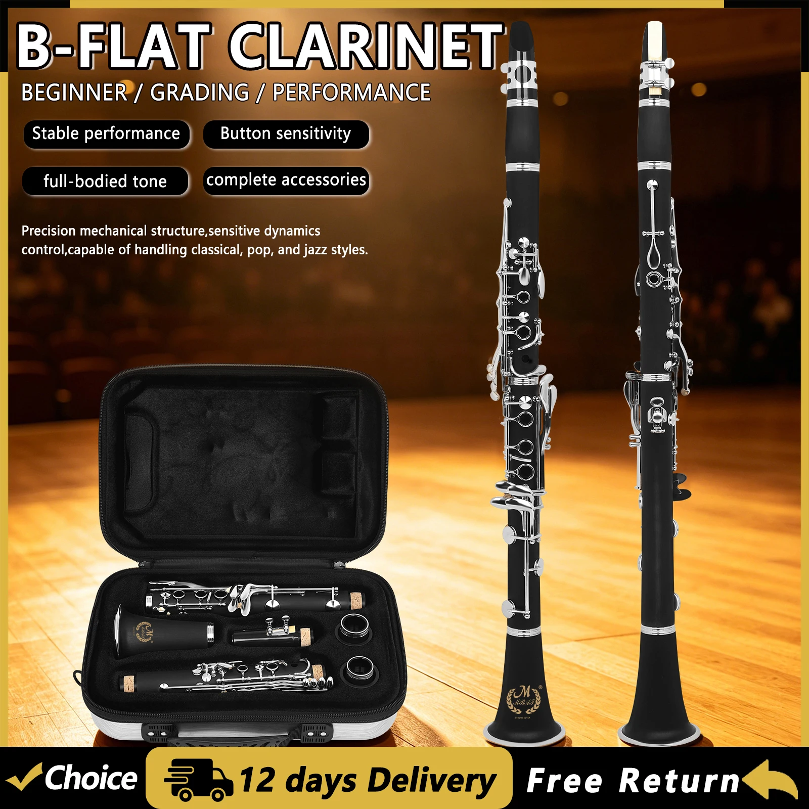 M MBAT LDC950 17 Keys Bb Clarinet ABS Body Silver-Plated Keys Clarinet Professional Woodwind Musical Instrument with Case Reed