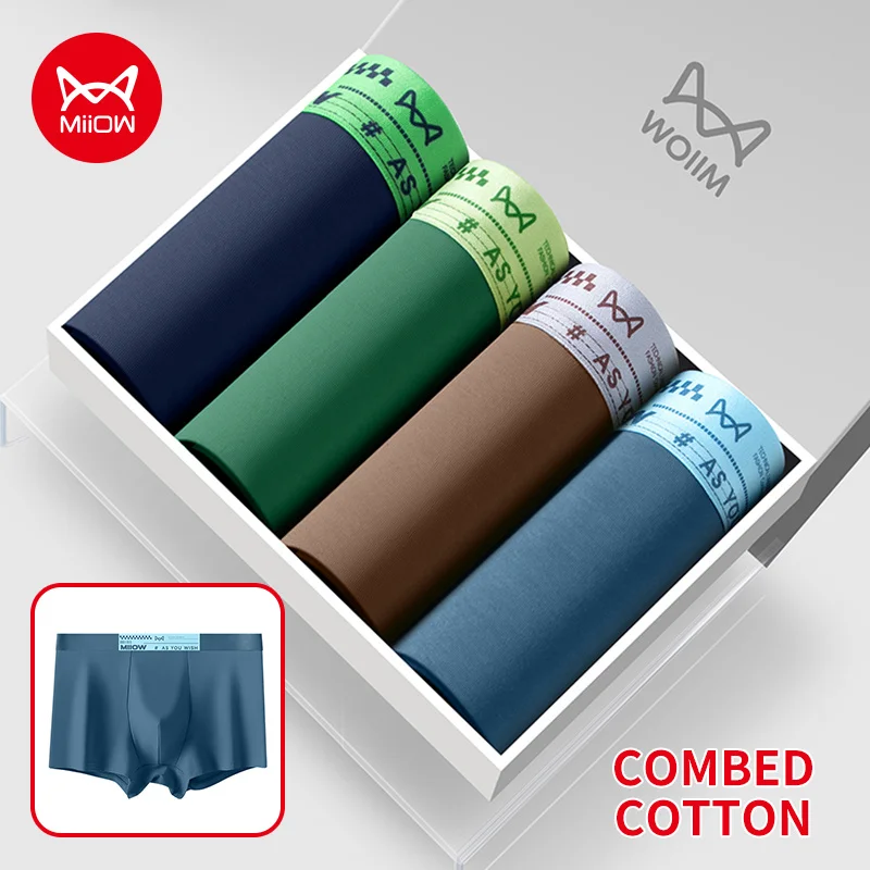 MiiOW 3Pcs Breathable Cotton Men's Panties Antibacterial Underwear for Men Elastic Waistband Underpants Man Boxer Briefs Trunks