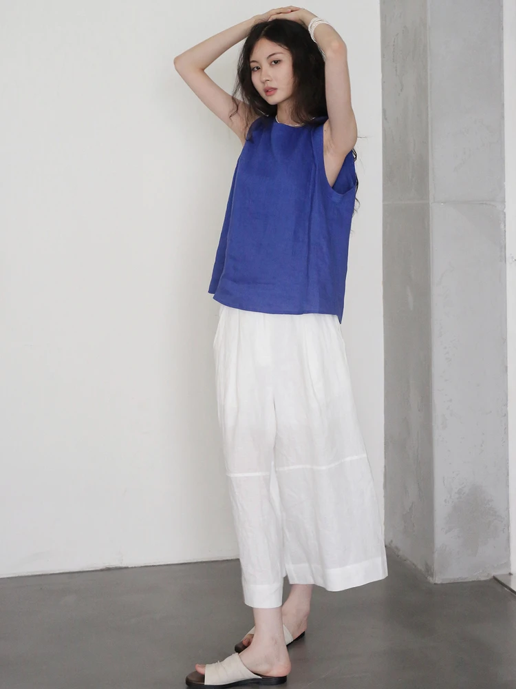 

Summer Thin Breathable Waed 00% Linen mat Outdoor Wear Vest Cool A-Line Svel round Ne irt Top