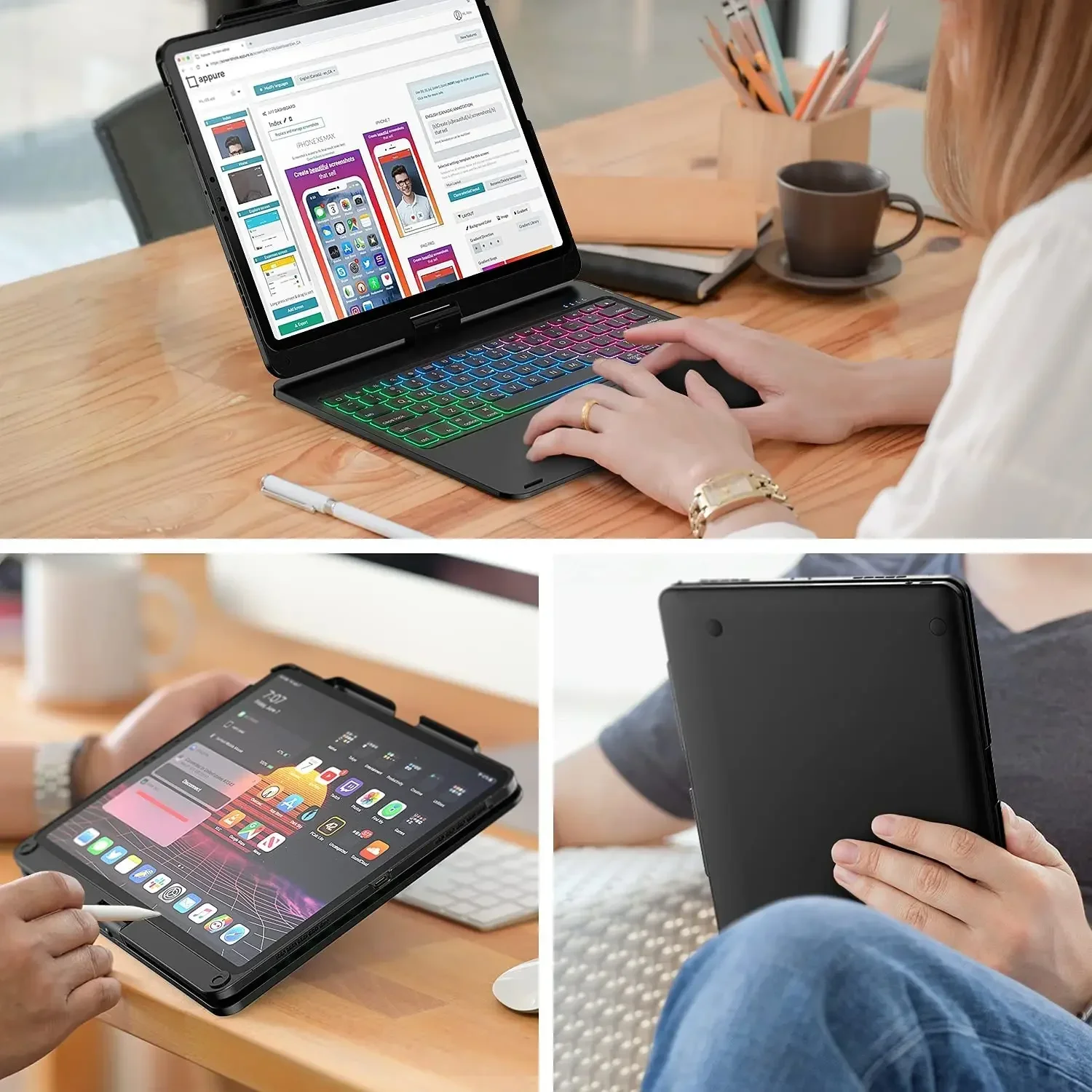 For iPad Pro 12.9 Keyboard Case for iPad 10.2 7th 8th 360 Degree Rotatable Wireless Bluetooth Keyboard Auto Sleep Wake Keypad