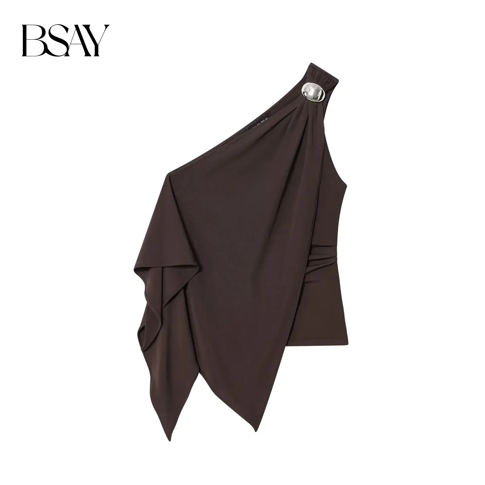 BSAY women's sexy versatile pleated decoration autumn new item 2025 asymmetrical hem sloping collar off shoulder top