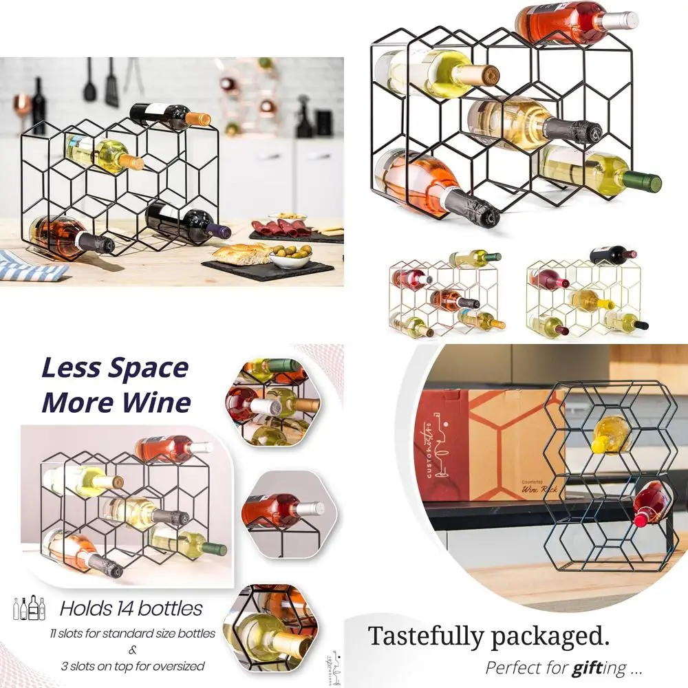 

Modern 3-Tier Black Metal Tabletop Wine Rack for 14 Bottles - Freestanding, Compact, Easy Assembly