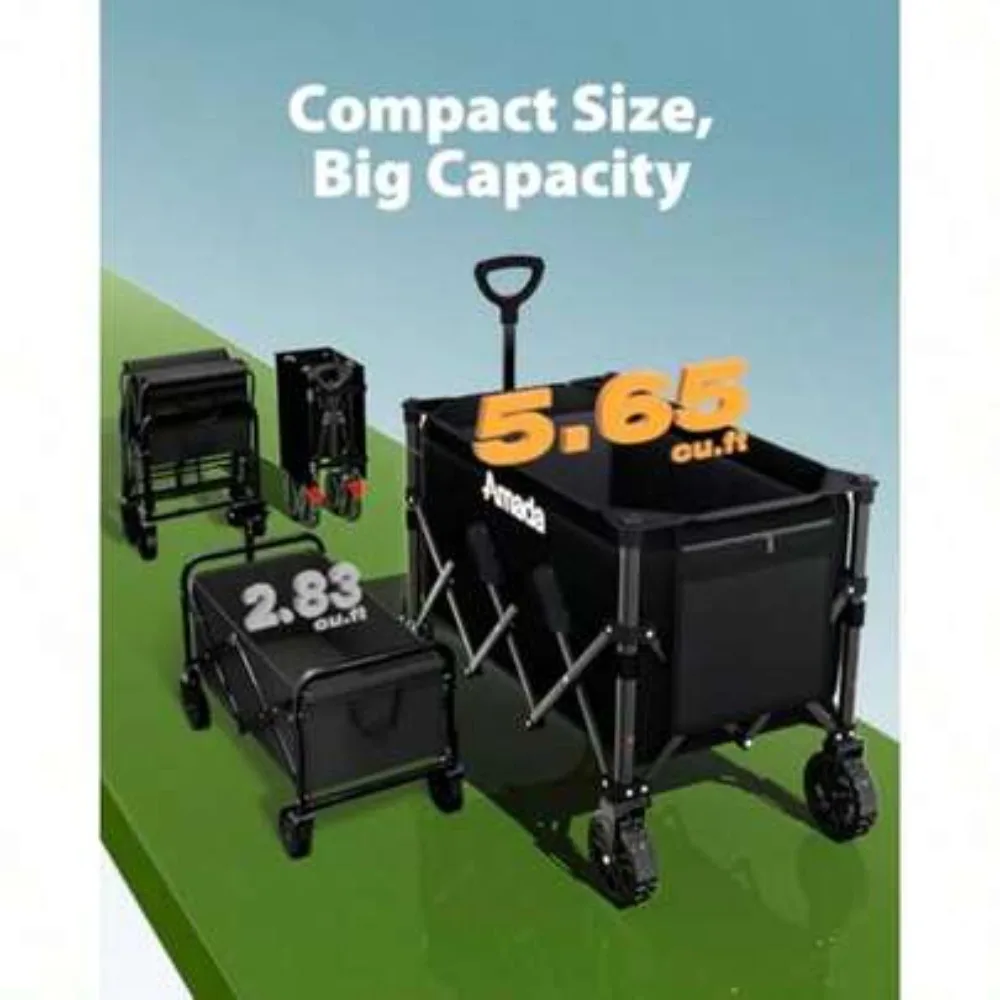 Collapsible Foldable Lightweight Utility Wagon Cart with 360 Degree Swivel Wheels, 360LBS Heavy Duty Outdoor Garden Cart, Large Capacity Storage Basket for Grocery Shopping Camping Beach Sports Picnic Tools Moving Supplies