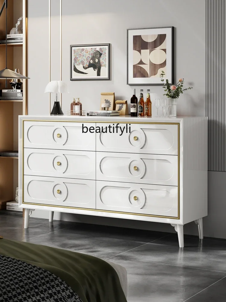 Light Luxury Solid Wood White Living Room Curio Cabinet Modern Minimalist Bedroom Storage Large Capacity Black Chest of Drawers