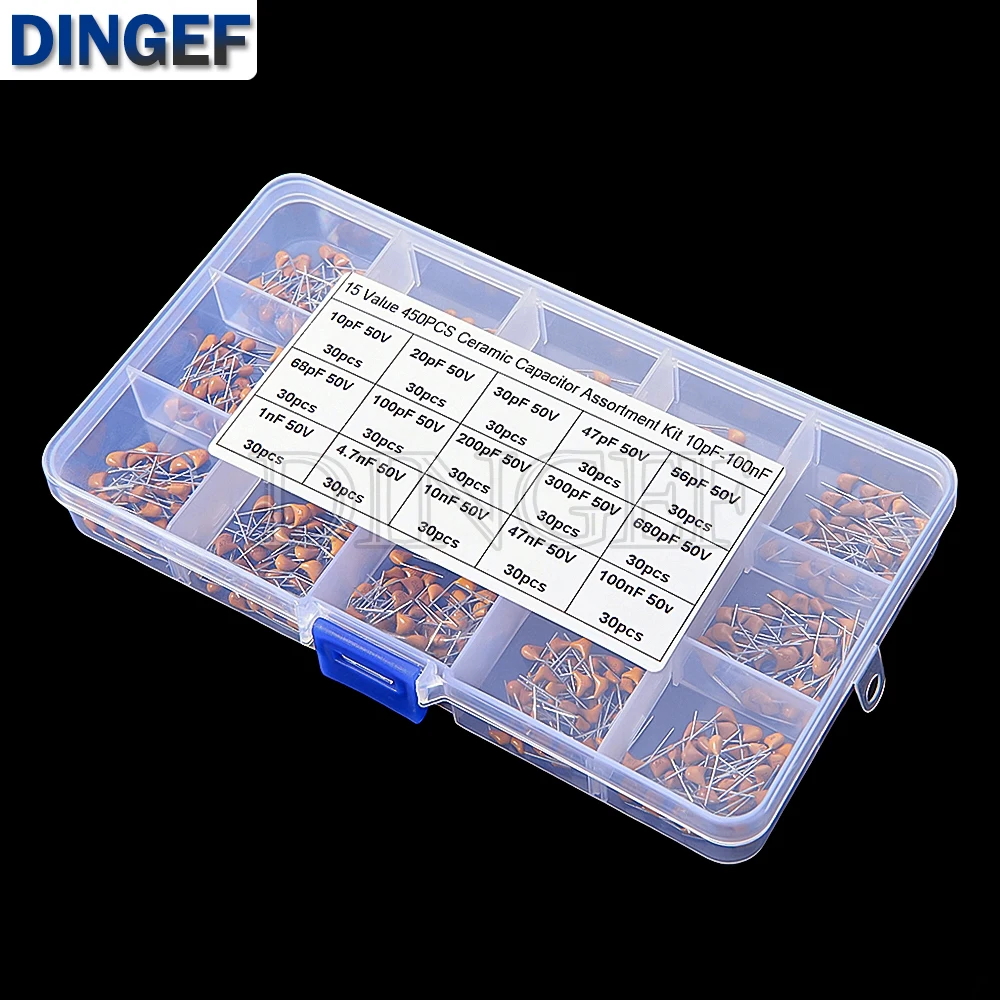 450PCS Monolithic Ceramic Capacitor Kits 10pF - 100NF 50V 10PF 30PF 47PF 56PF 68PF 100PF 200PF 300PF PF 10NF 100NF MLCC with Box