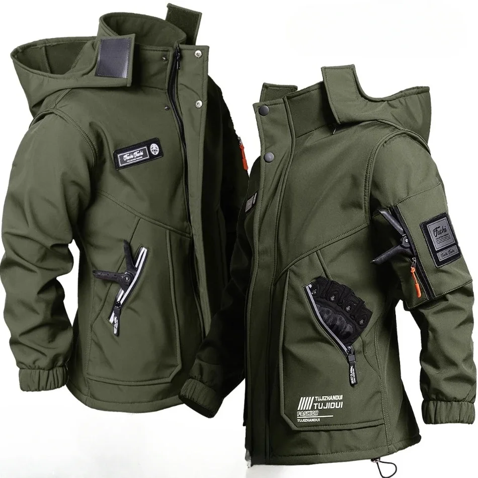 

Зимние уличные мужские боевые комплекты, утепленные ветрозащитные теплые тактические комплекты из 2 предметов, флисовая куртка с несколькими карманами и капюшоном + брюки-карго, зарядные костюмы