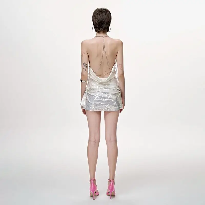 섹시하고 우아한 등이 파인 파티용 라인스톤 스팽글 스윙 칼라 여성 드레스 멜빵 플라워 힙 랩 드레스