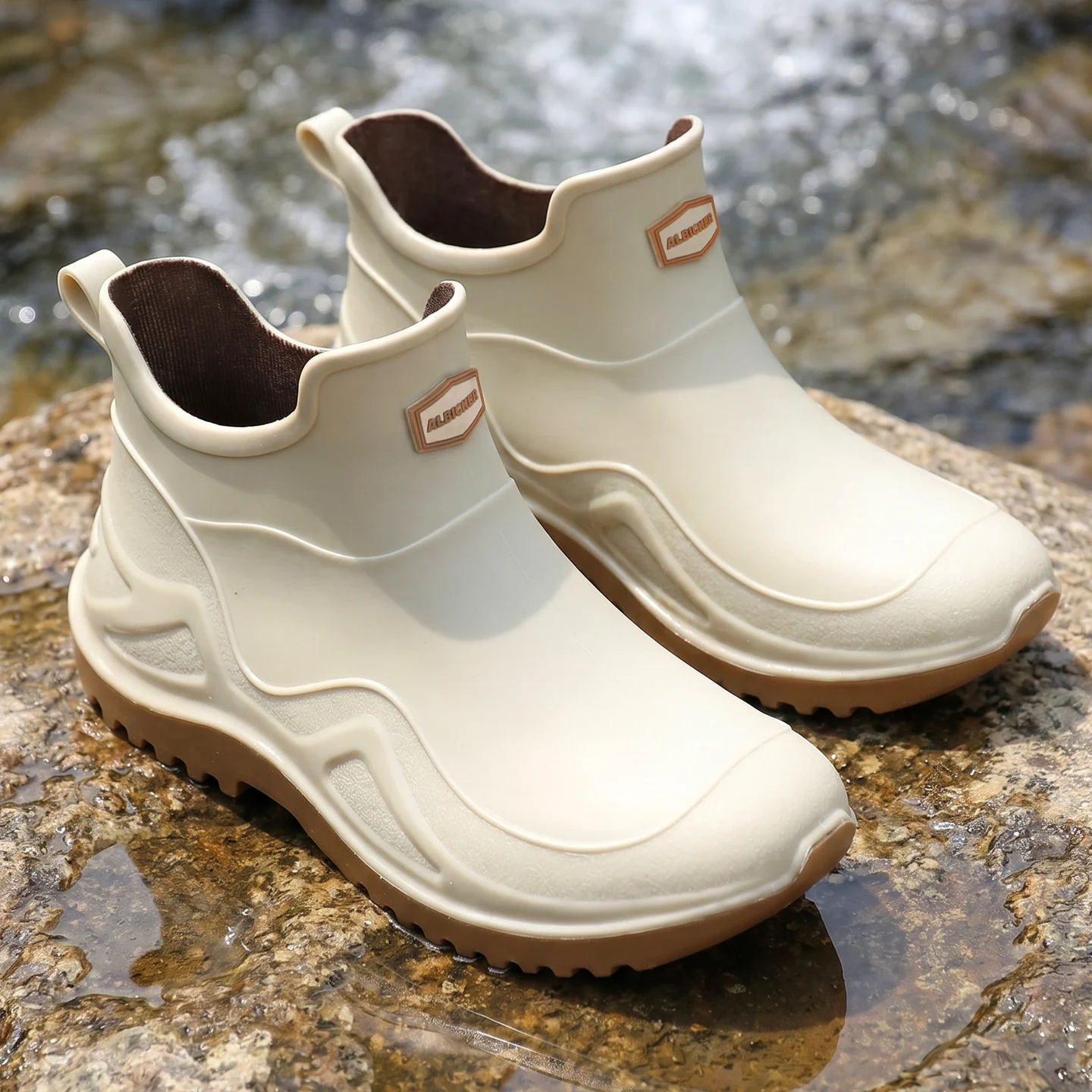 Anti-Slip Fashionable Thick-Heeled Outdoor Work Rain Boots Men Women Short Tube Waterproof Plastic Shoes Wave Pattern Rubber ...