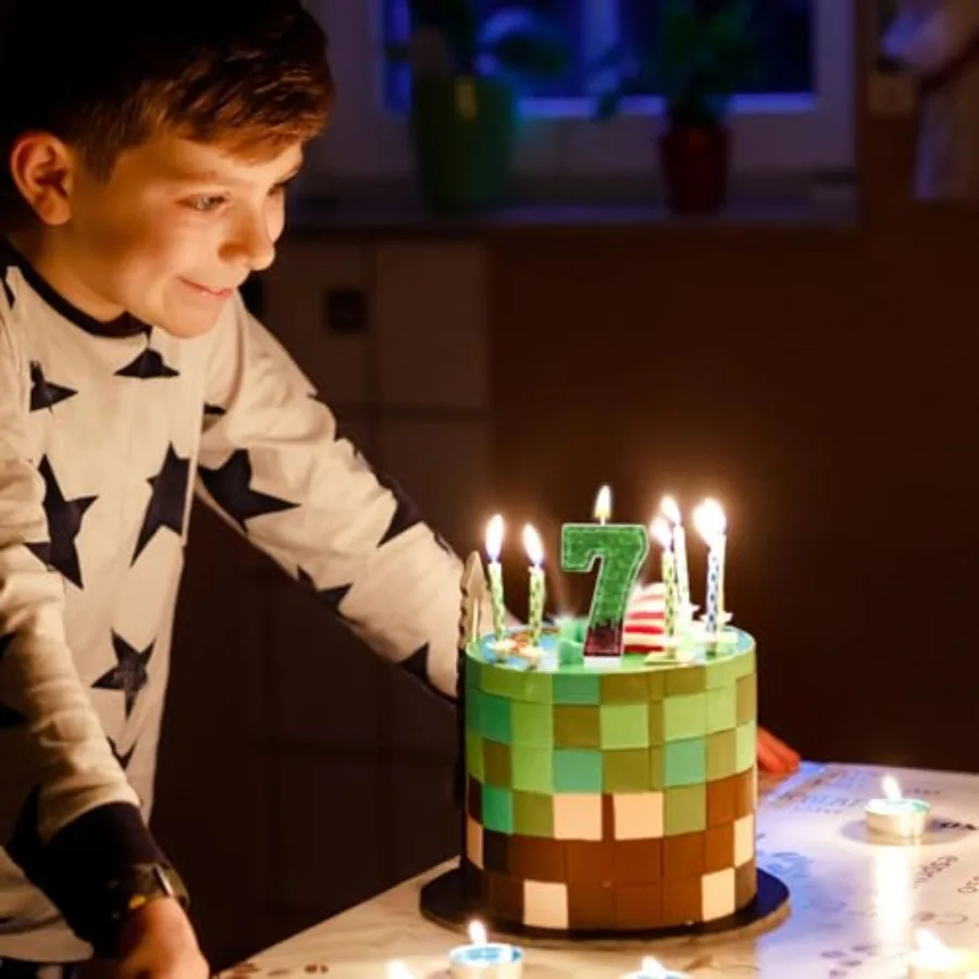 Pixel Birthday Number Candle Green Brown Paraffin Cake Toppers Decorations for Miner Game Party Number 7