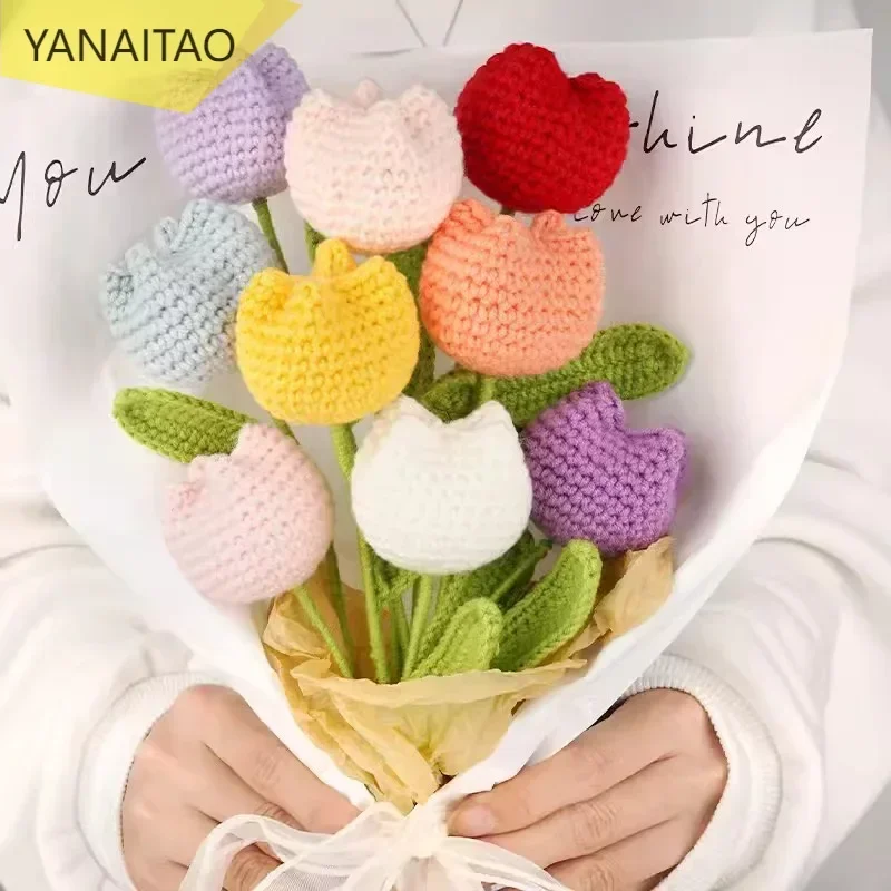 Crochet Hand-knitted Chubby Tulip Artificial Fake Flowers Bouquet Garden Wedding Room Decor Accessories Mothers Day Gifts 2024