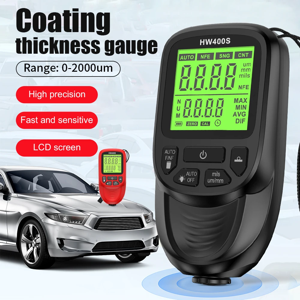 HW400S Car Thickness Gauge 0-2000UM Car Paint Film Thickness Tester Paint Fe NFe Measuring Coating Meter Digital Backlight