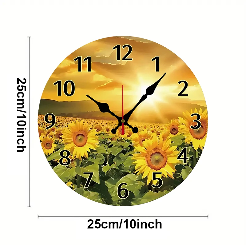 Sunflowers Design Wooden Round Silent Hanging Wall Clock, Suitable For Living Room, Office, Study Room, Bedroom, Home Decoration