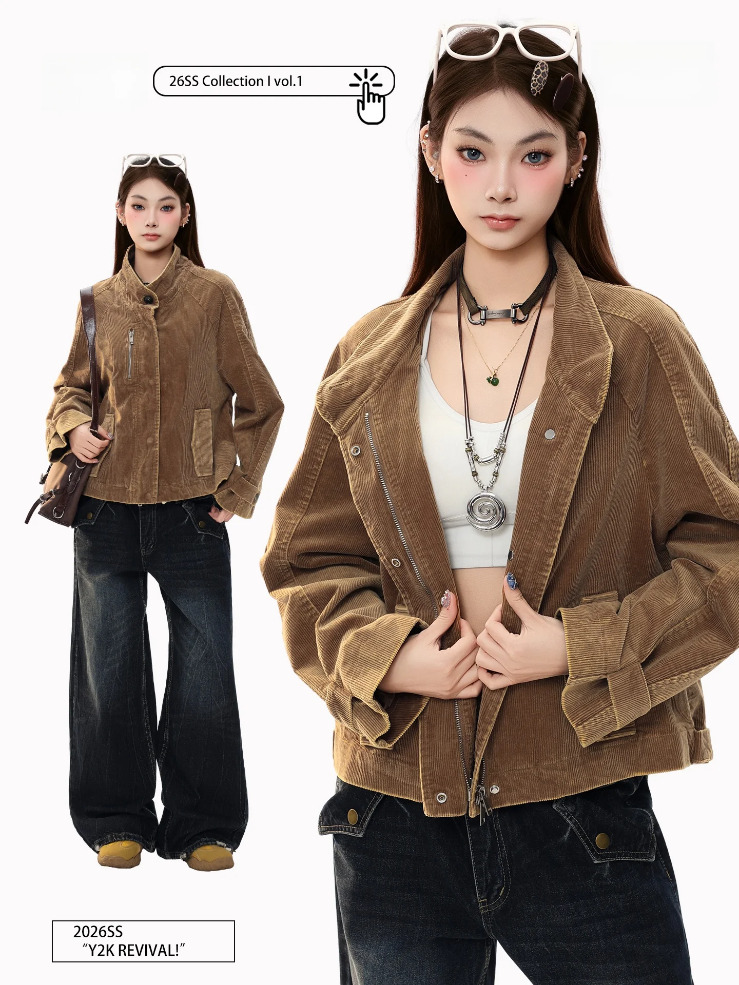 

PBB American Retro Corduroy Stand Collar Jacket Women's Spring Street Cool Design Zipper Top Warm Cotton Casual Short Coat