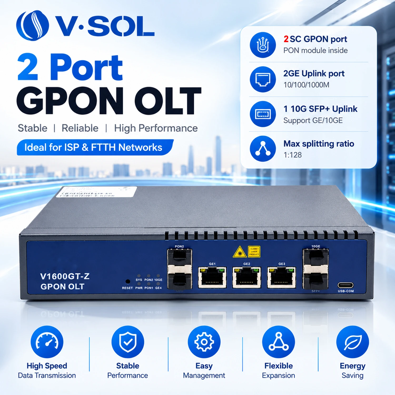 VSOL V1600GT-Z 2PON GPON OLT 9DB SFP WEB/CLI 1*10GE 4*GE,Ratio 1:128ONUs MINI 2PORTs GPON OLT Optical Line Terminal Built-in Fan