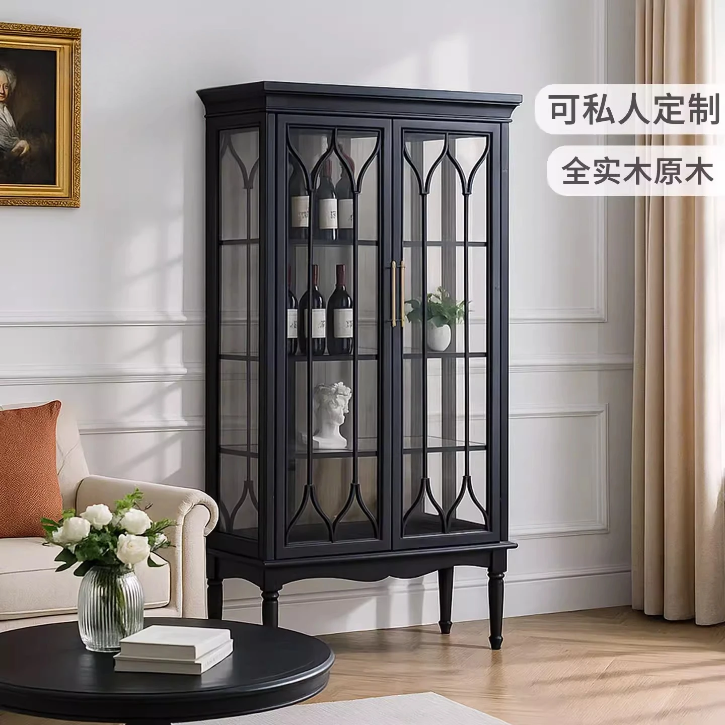 American classical black pure solid wood double-door display cabinet household with glass door villa wall large-capacity wine ca