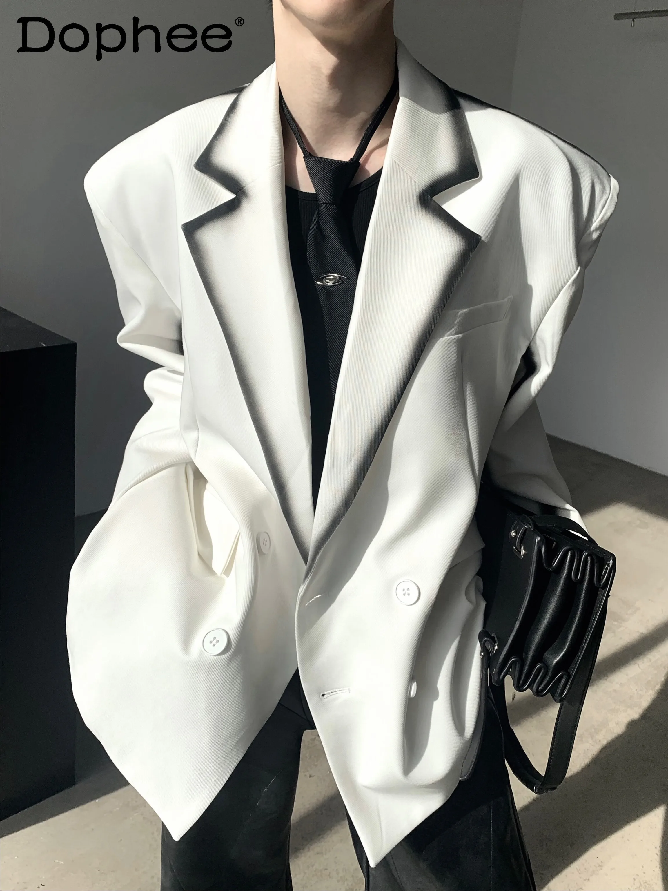 

Men's 2024 Autumn Black White Contrast Color Suit Jackets Men's High-end Loose Shoulder Padded Trendy Long-sleeve Suit Jacket