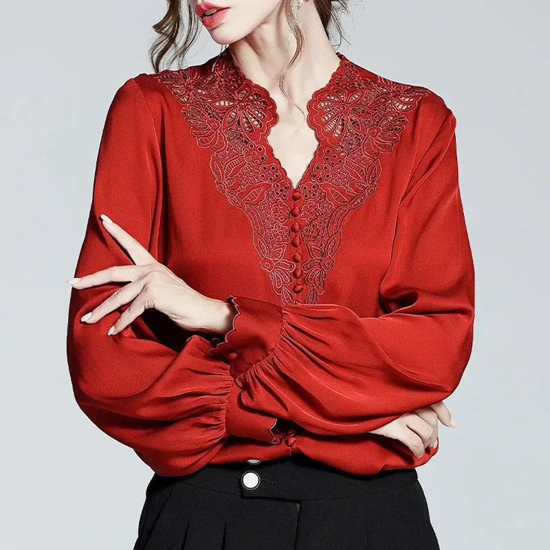 New Casual Long Sleeve Satin Women\'s Shirts Loose Fashion Woman Tops Lace Spliced Ladies Feminine Blouses Women Clothing 20645