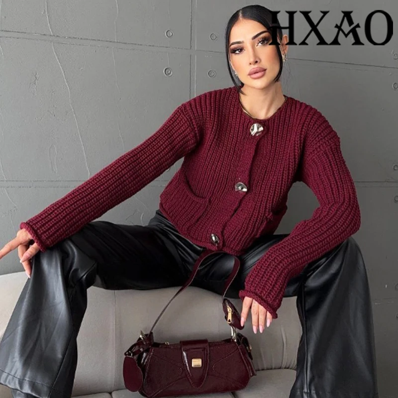 

HXAO вязаный свитер, кардиган, женские укороченные свитера с длинными рукавами, красный кардиган, женская верхняя одежда, вязаный крючком топ, осенняя куртка на пуговицах