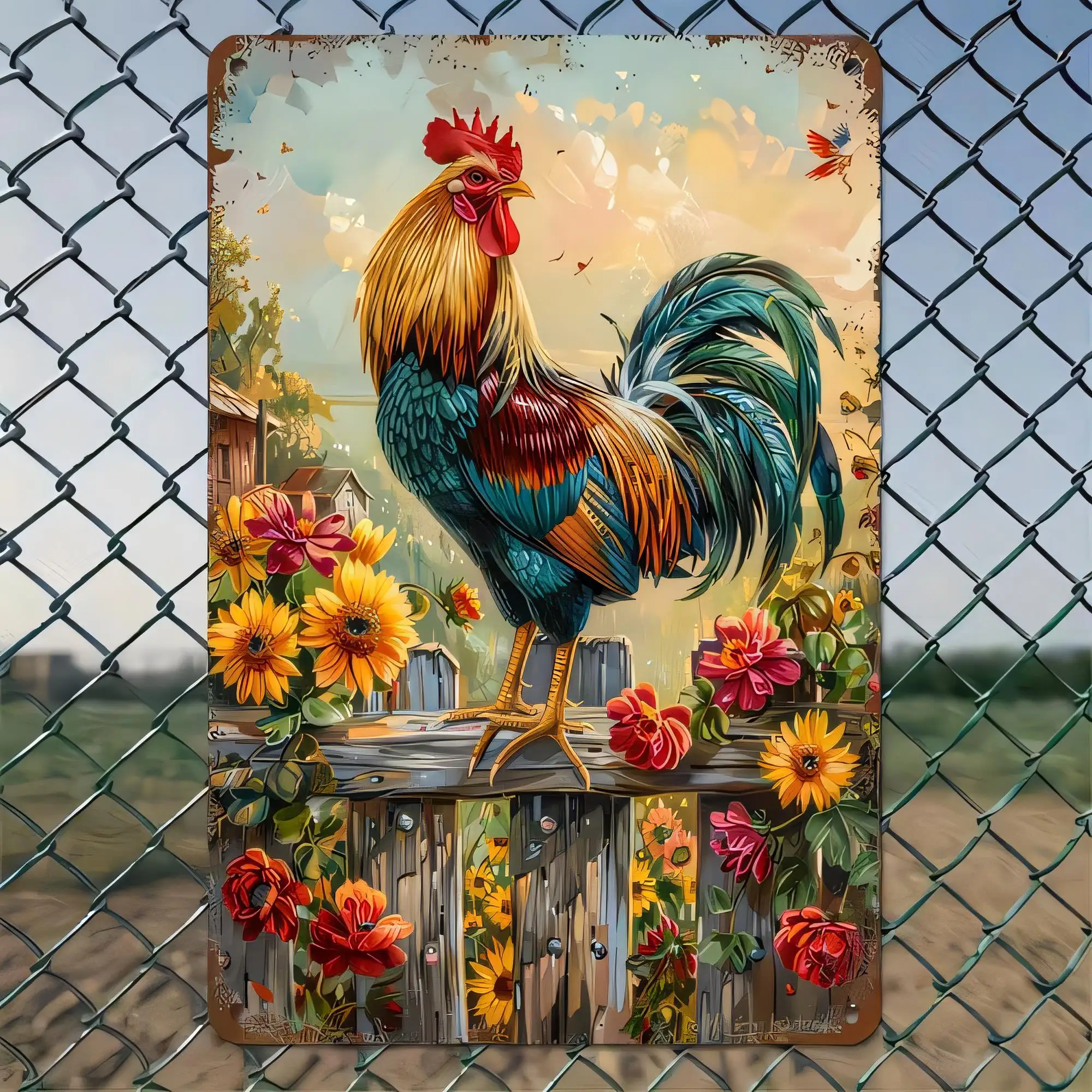 Tin Sign Rooster with Sunflowers Vintage Farm Metal Wall Plaque for Kitchen Bar Garage Home Decor Rustic Country Animals Artwork