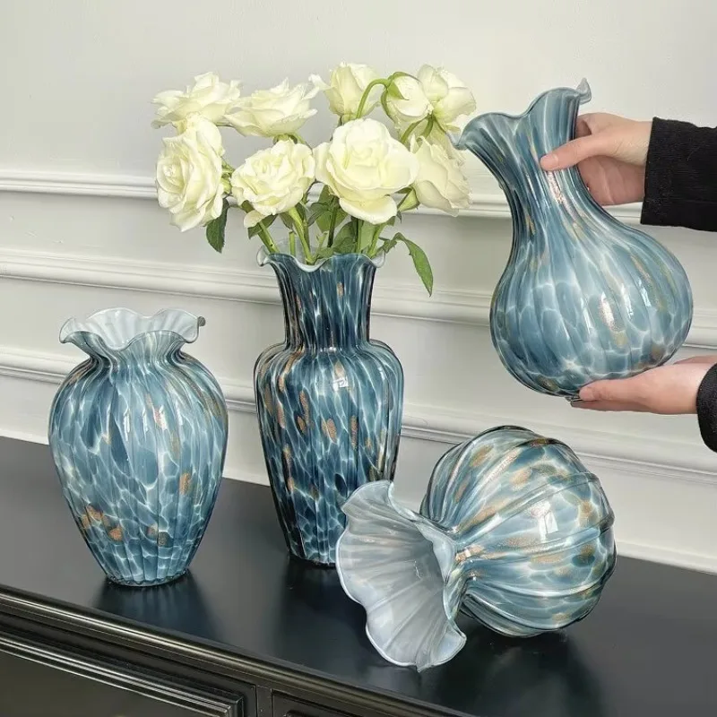 Medieval Peacock Blue Glass Vase Light Luxury High Sense Retro Glazed Living Room Flower Arrangement Home Decoration