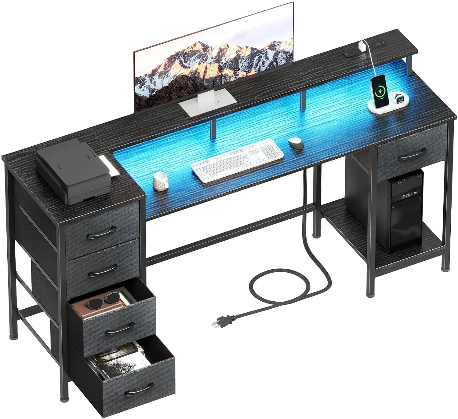 55 Inch Gaming Computer Desk with Power Outlets,LED,5 Drawers,Black | For gaming and working,built-in power outlets, Customized