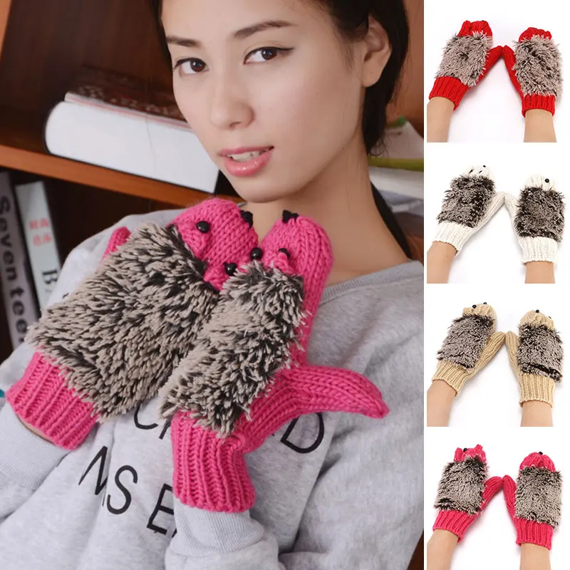 

Winter Gloves Without Fingers Knitting Wool Warm Mittens Fingerless Cartoon Hedgehog Gloves Birthday Gift MOuse Warm Mittens