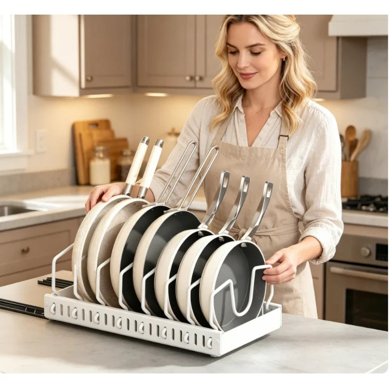 Pull Out Pots and Pans Organizer, Under Cabinet Sliding Storage Rack with Adjustable Dividers, Multifunctional Pot Lid Holder