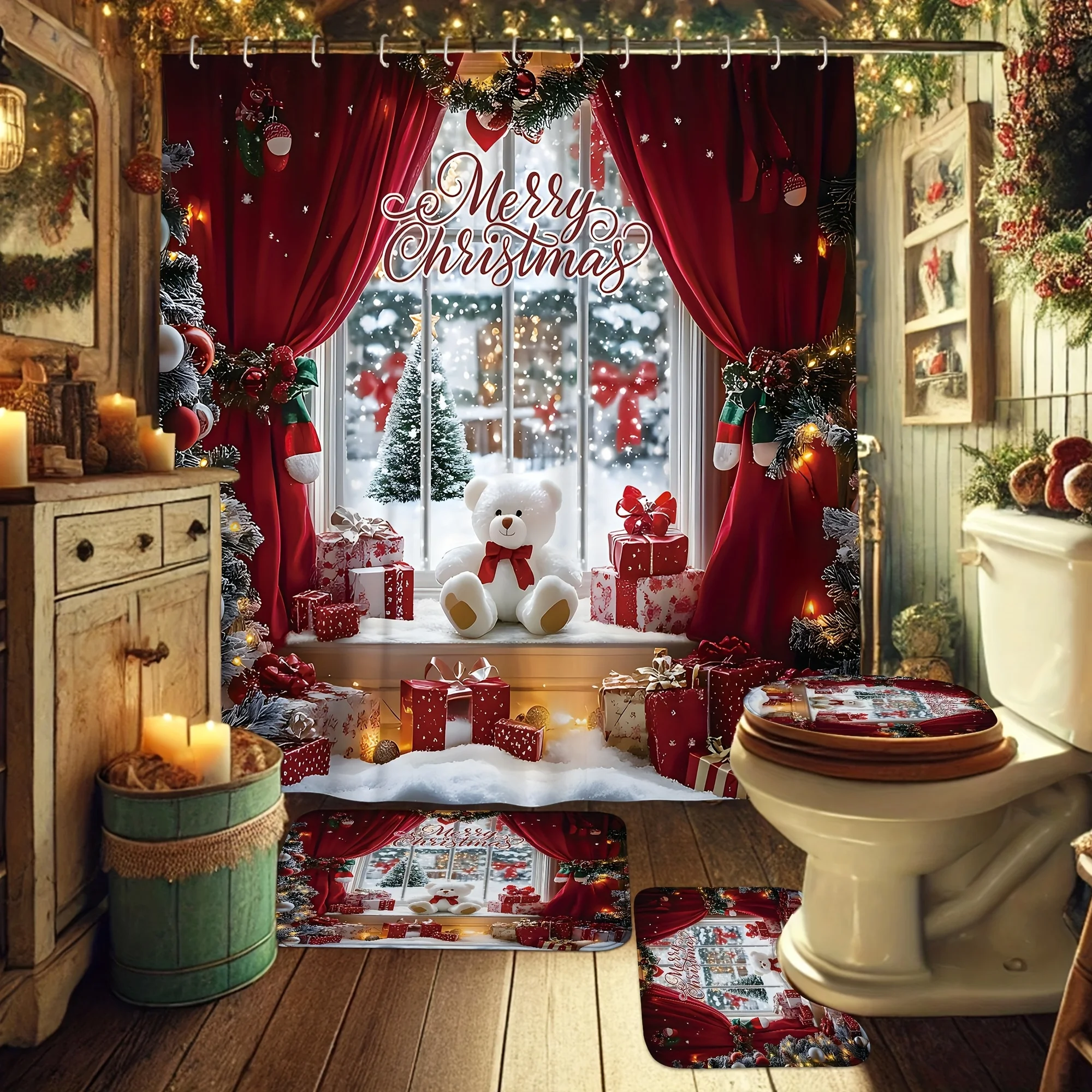 4Pcs Nutcracker Ballet Shower Curtain Set,King Soldier Mouse Character Design with Non-slip Mat & Toilet Lid Pad, Christmas Gift