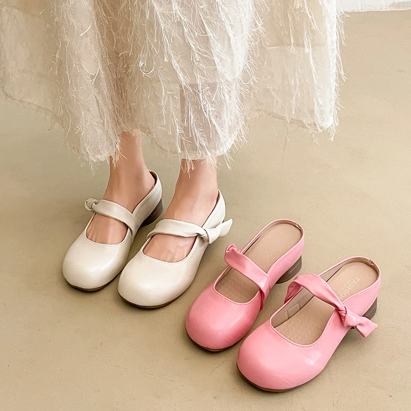 Female Summer Outerwear French Round Head Shallow Mouth Inner Height Raising Baotou Half Slippers
