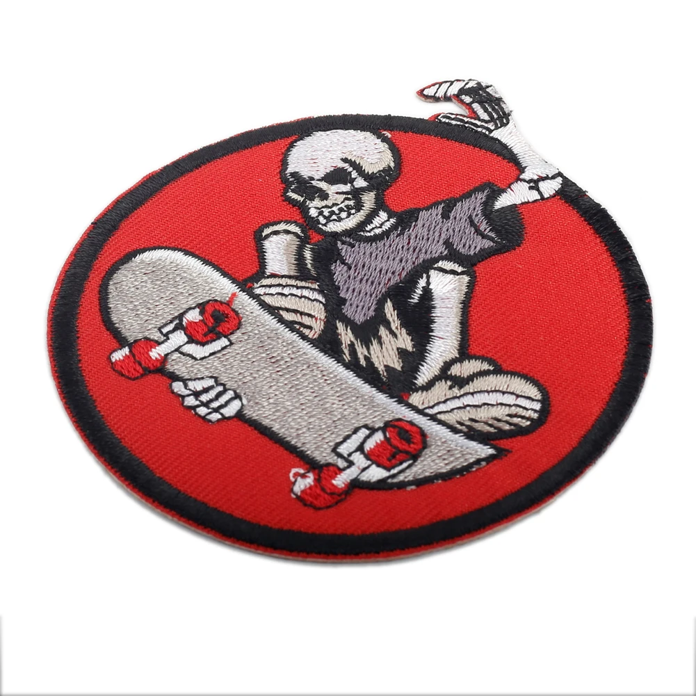 Skeleton Skateboard Embroidery Patch Red Circle Badge Iron-On Heat Transfer Patches Sewing Applique Sticker for Clothes Shoe Hat