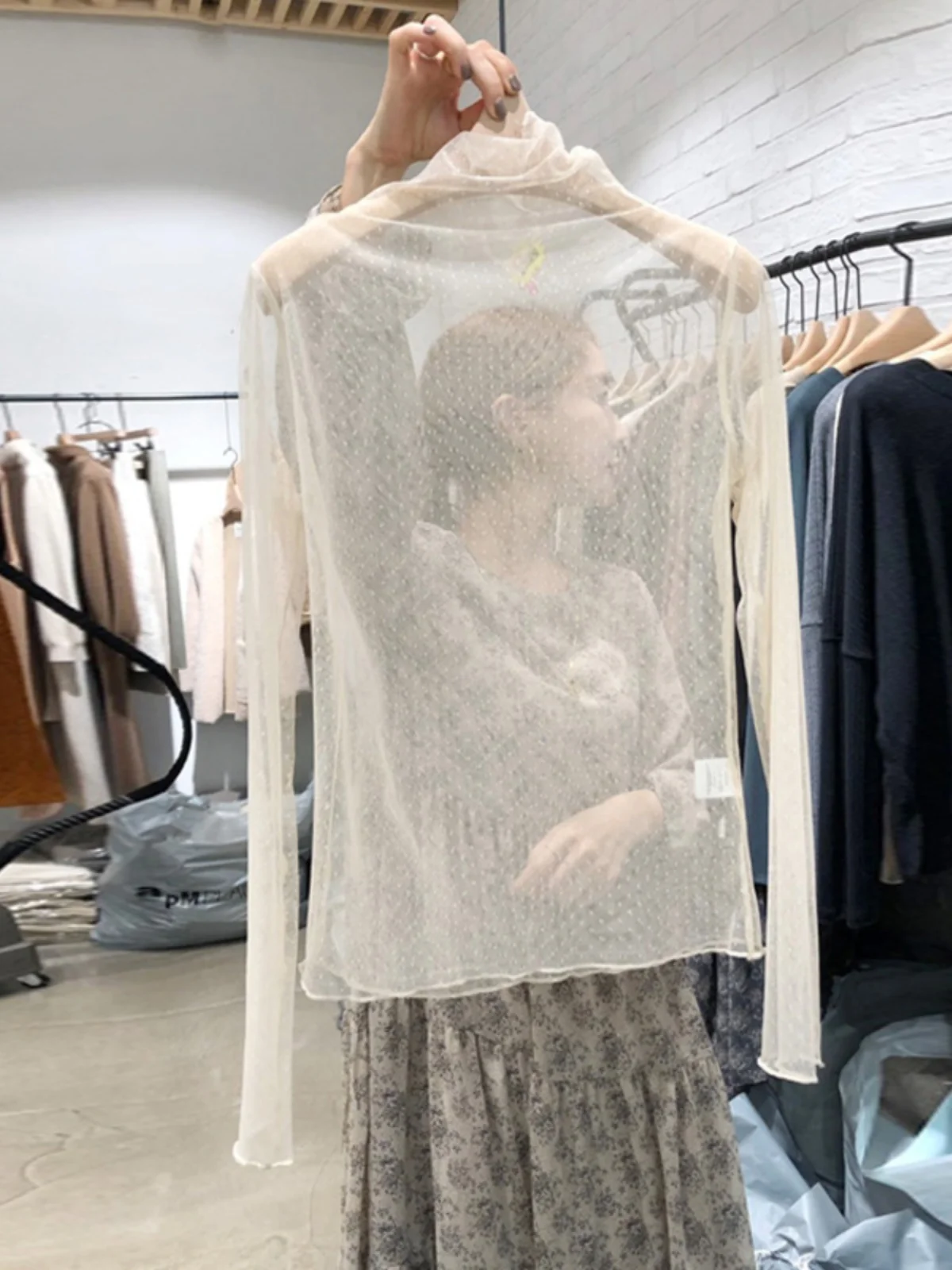 Dongda Gate otoño Polka Dot Me T irt versión coreana en capas cuello alto ajustado largo Sve ropa interior Base irt mujeres