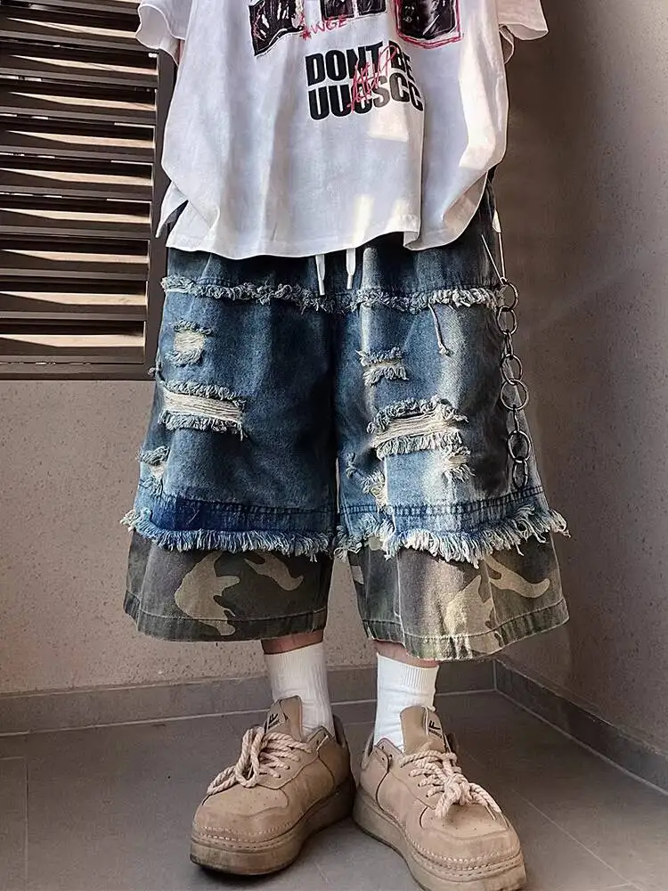 

Unisex Cropped Pants Jeans 2026 New Camouflage Ripped Denim Shorts Loose Cargo Wide Leg Vintage Washed Capri & Knee Length Pants