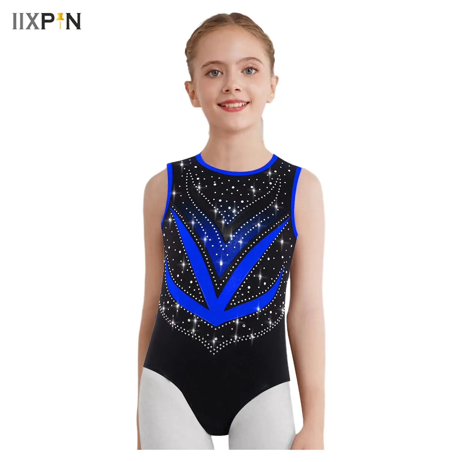 

Kids Girls Metallic Gymnastics Leotard Sleeveless Crisscross Cutout Mesh Patchwork Rhinestones Bodysuit Ballerina Dancewear
