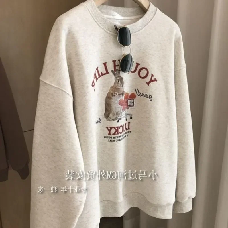 High Quality Winter Velvet Top Y2K Rabbit Cute Carrot Print Sweatshirt Hoodie Korean Loose Long Sleeve Pullover Funny Streetwear