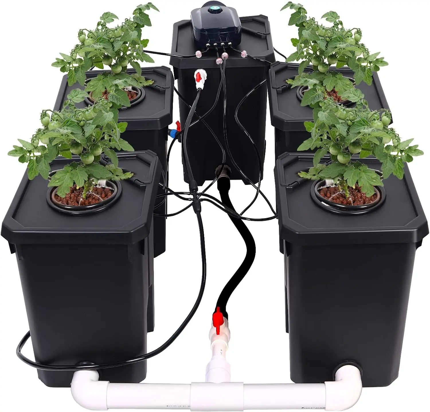 

RDWC Hydroponics Grow System 4 Site + Reservoir, 7-Gallon Top Drip Recirculating Deep Water Culture Hydroponic Bucket System